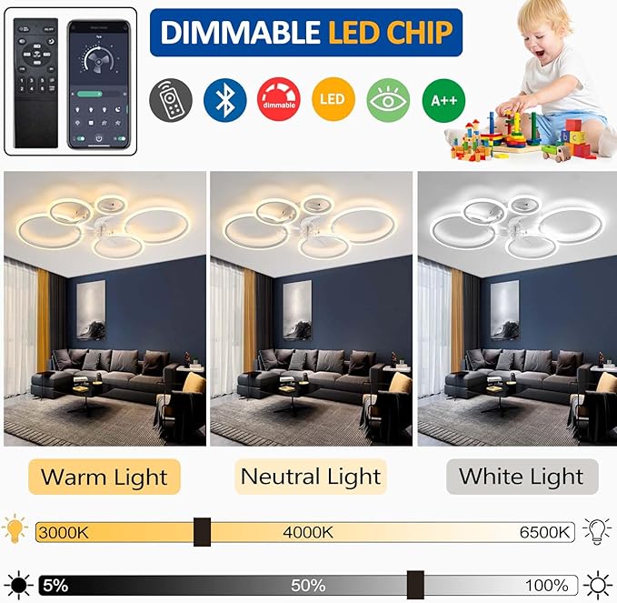 Stropni ventilator z LED luč 130W, 100cm, daljinec, aplikacija - naklikaj.si