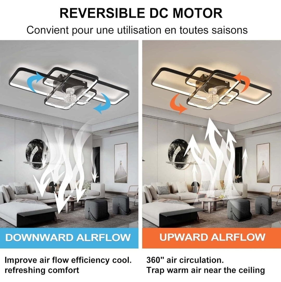 Naklikaj.si Stropna luč z ventilatorjem 80W, črna je tiha, sodobna stropna svetilka z ventilatorjem. S pametno upravljanjem upravljate luči in ventilator z daljinskim upravljalnikom ali pametnim telefonom. Zeleni listi prikazujejo pretok zraka z velikimi okni z nočnim pogledom.