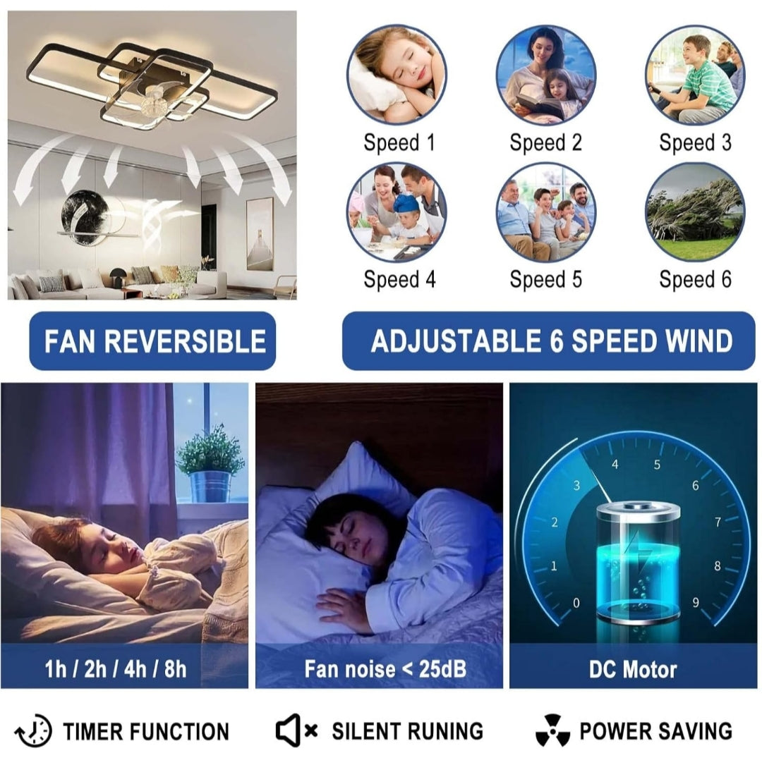 Naklikaj.si Stropna luč z ventilatorjem 80W, črna je tiha, sodobna stropna svetilka z ventilatorjem. S pametno upravljanjem upravljate luči in ventilator z daljinskim upravljalnikom ali pametnim telefonom. Zeleni listi prikazujejo pretok zraka z velikimi okni z nočnim pogledom.