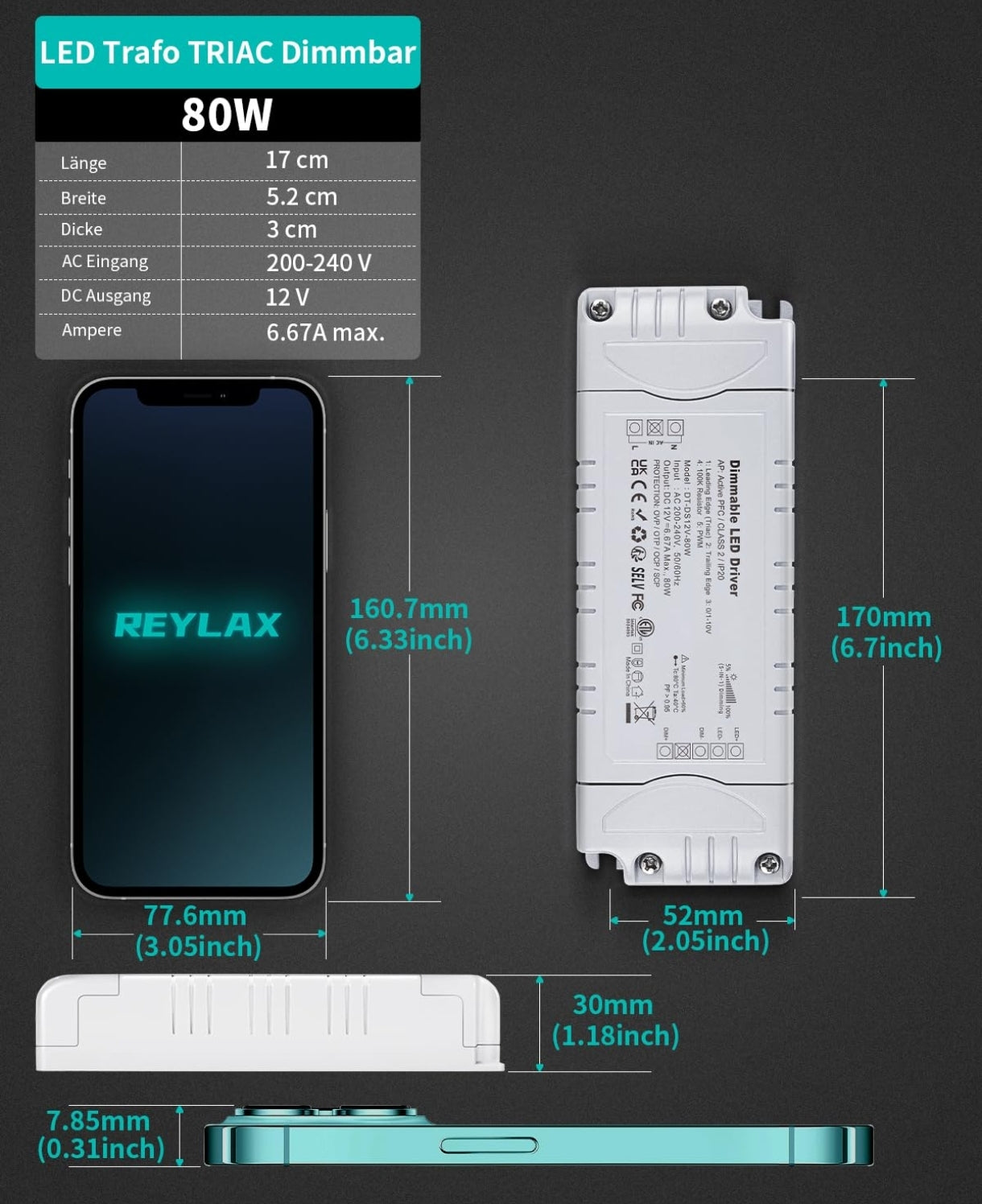⚡ REYLAX LED napajalnik 12V, 80W, IP20 – zatemnilni (dimmable)