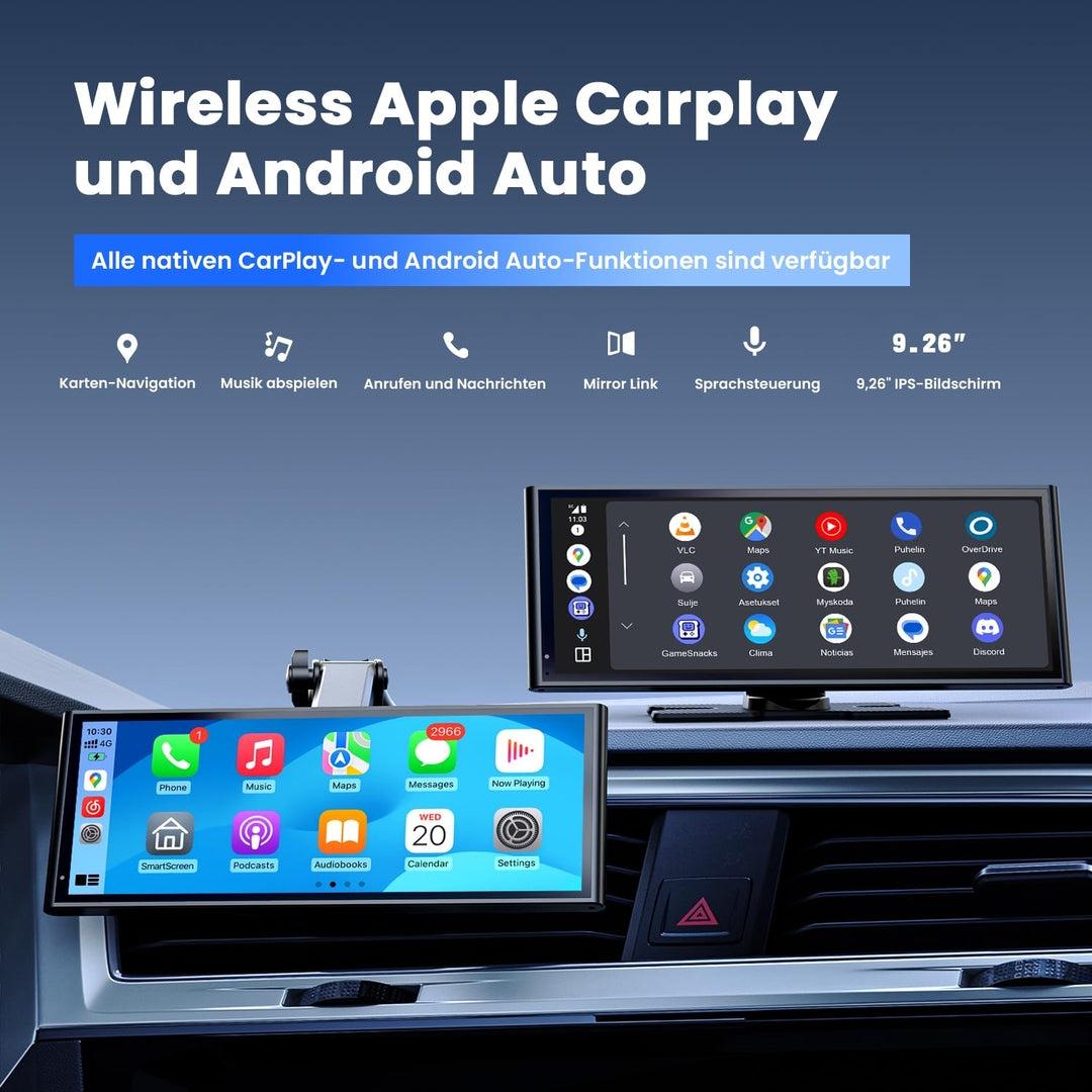 🚗 KRUNIA 9.26" brezžični iOS & Android zaslon z vzvratno kamero