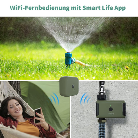 Naklikaj.si Pametni WiFi & Bluetooth časovnik zalivanja Diivoo - 1 izhod in majhen senzor se prikažeta s pametnim telefonom, ki prikazuje aplikacijo, kar vam omogoča pametno samodejno zalivanje vrta in posodobitve vremena na dosegu roke.