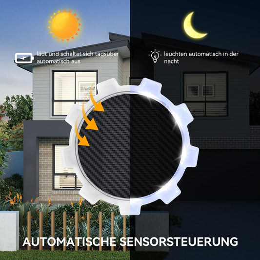 AVANLO zunanje solarne luči Naklikaj.si (komplet 6 kosov, RGB 9 LED, 4 načini osvetlitve, IP65 vodoodporne) oddajajo živahne krožne in sevalne svetlobne vzorce na teksturiranih stenah, ob strani pa so subtilno modro osvetljene stopnice.