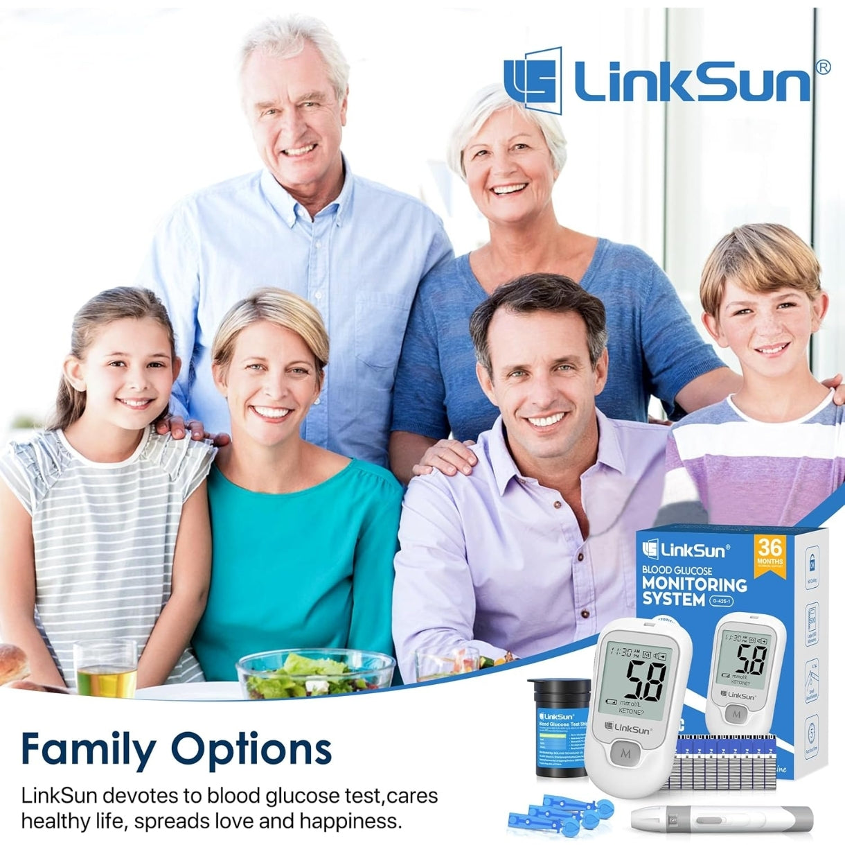 🩸 LinkSun komplet za merjenje glukoze v krvi, 50x testov – model G-425-1