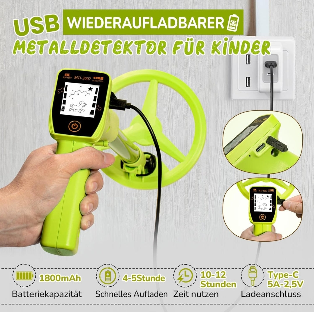🪙Otroški kovinski detektor MD-3007 – nastavljiv, USB polnjenje, vodoodporna sonda IP68