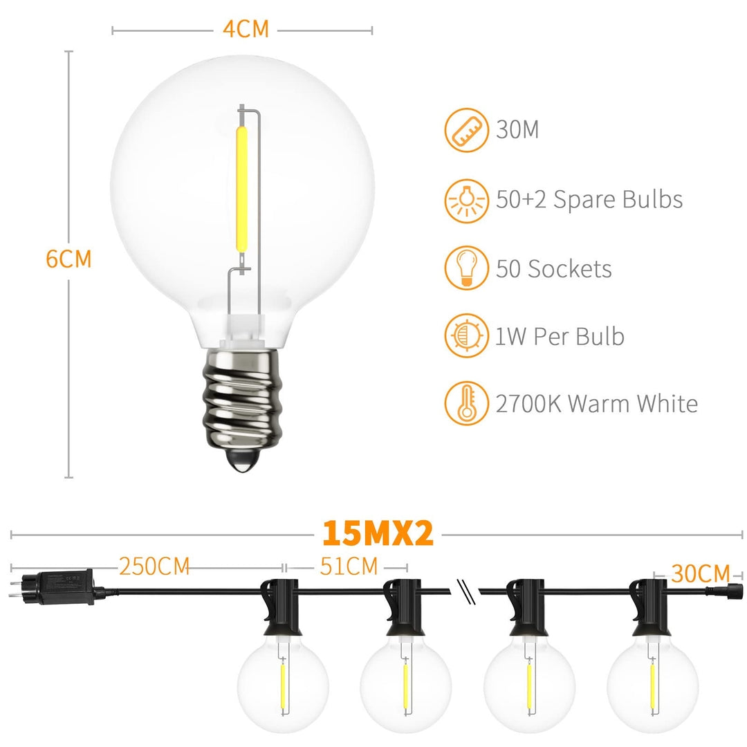 💡 Yuucio zunanje verižne luči 2x15 m – zatemnitvene, z 2x daljincem (52 LED G40)