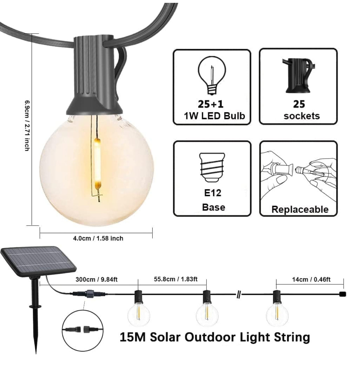 💡 Yuucio solarne verižne luči 15 m – 25+1 LED G40 žarnice, toplo bela 2700K