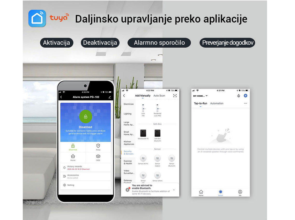 Naklikaj.si PGST Wi-Fi + GSM pametni brezžični alarmni sistem z RFID, kamero in Tuya aplikacijo vključuje touchscreen nadzorno ploščo, varnostno kamero, senzorje gibanja in vrat, daljince, SOS gumbe ter glasno sireno v elegantnih belih barvah.