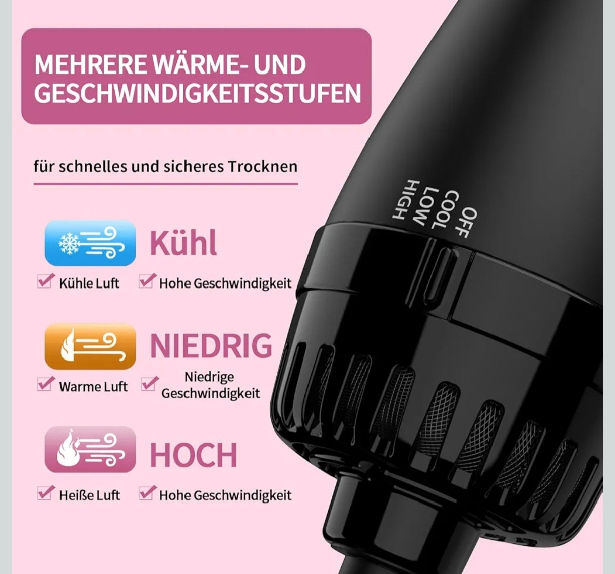💨 Sawop 4v1 sušilna krtača za lase – črna/roza, 1000W