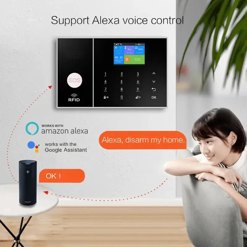 Naklikaj.si PGST pametni brezžiÄni alarmni sistem Wi-Fi + GSM (RFID, aplikacija Tuya) vkljuÄuje ploÅ”Äo z zaslonom na dotik, 2 Ärna kljuÄa, 2 daljinca, 3 senzorje gibanja, 6 senzorjev vrat/oken, gumb SOS, sireno, napajalnik in baterijo LiOn.