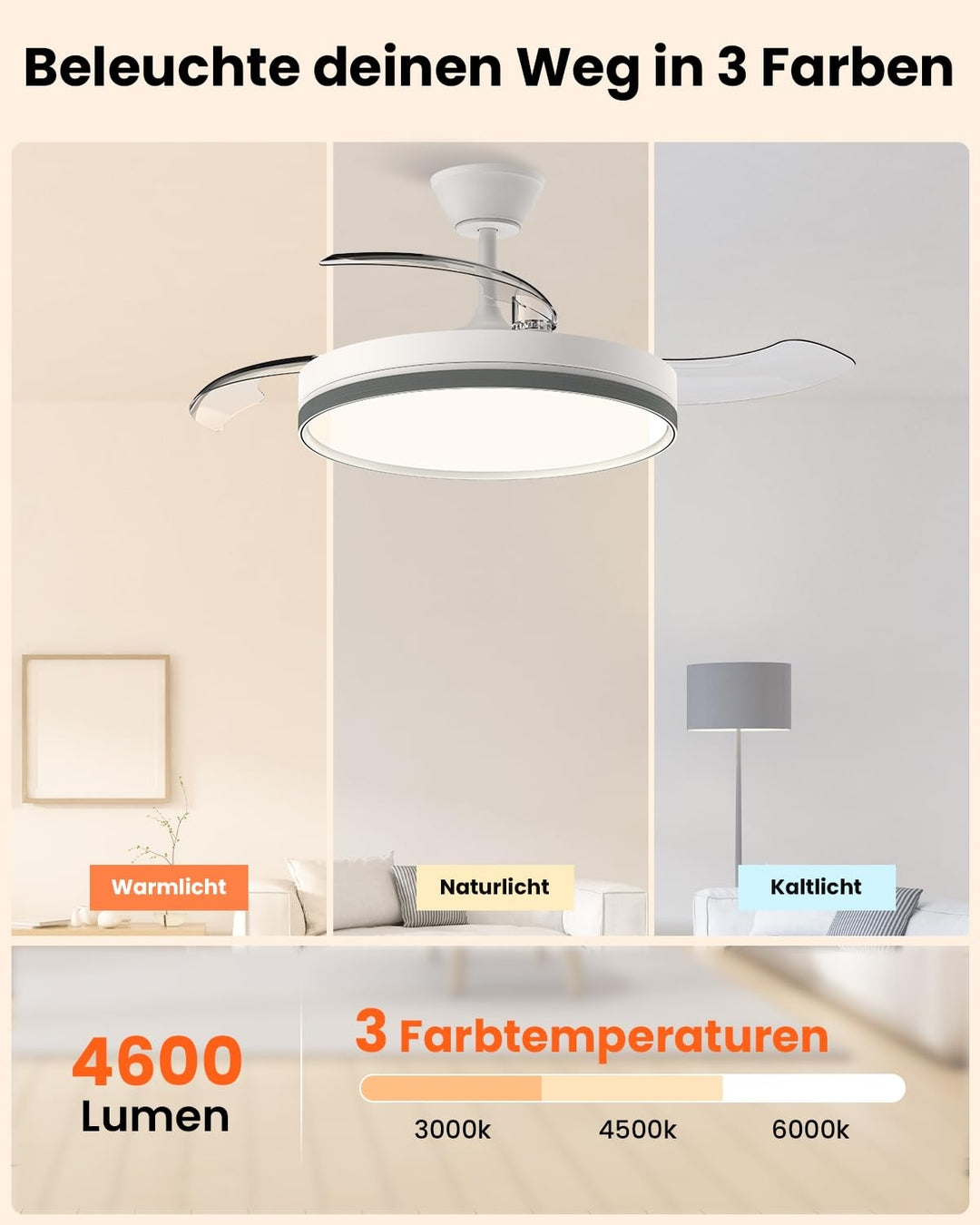 Stropni ventilator z zložljivimi krili in LED osvetlitvijo – 106 cm