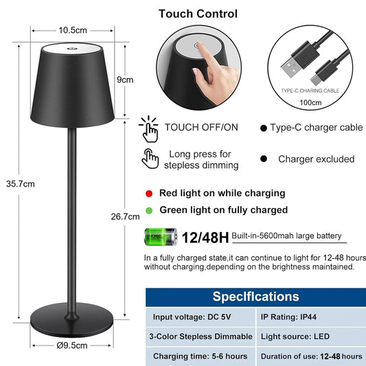 2× brezžični LED namizni svetilki na dotik (črna)