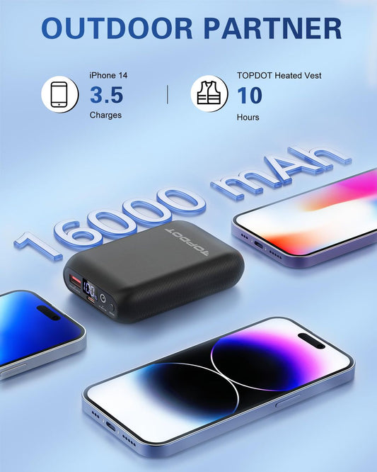 TOPDOT prenosna baterija za grelna oblačila, 16000mAh, 5V/7,4V, USB, DC