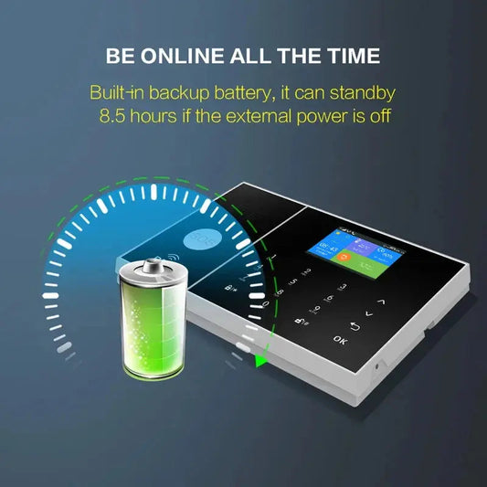 Naklikaj.si PGST pametni brezžični alarmni sistem Wi-Fi + GSM (RFID, aplikacija Tuya) vključuje ploščo z zaslonom na dotik, 2 črna ključa, 2 daljinca, 3 senzorje gibanja, 6 senzorjev vrat/oken, gumb SOS, sireno, napajalnik in baterijo LiOn.