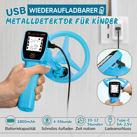 Otroški detektor kovin, USB polnjenje, LCD zaslon + pribor – moder - naklikaj.si
