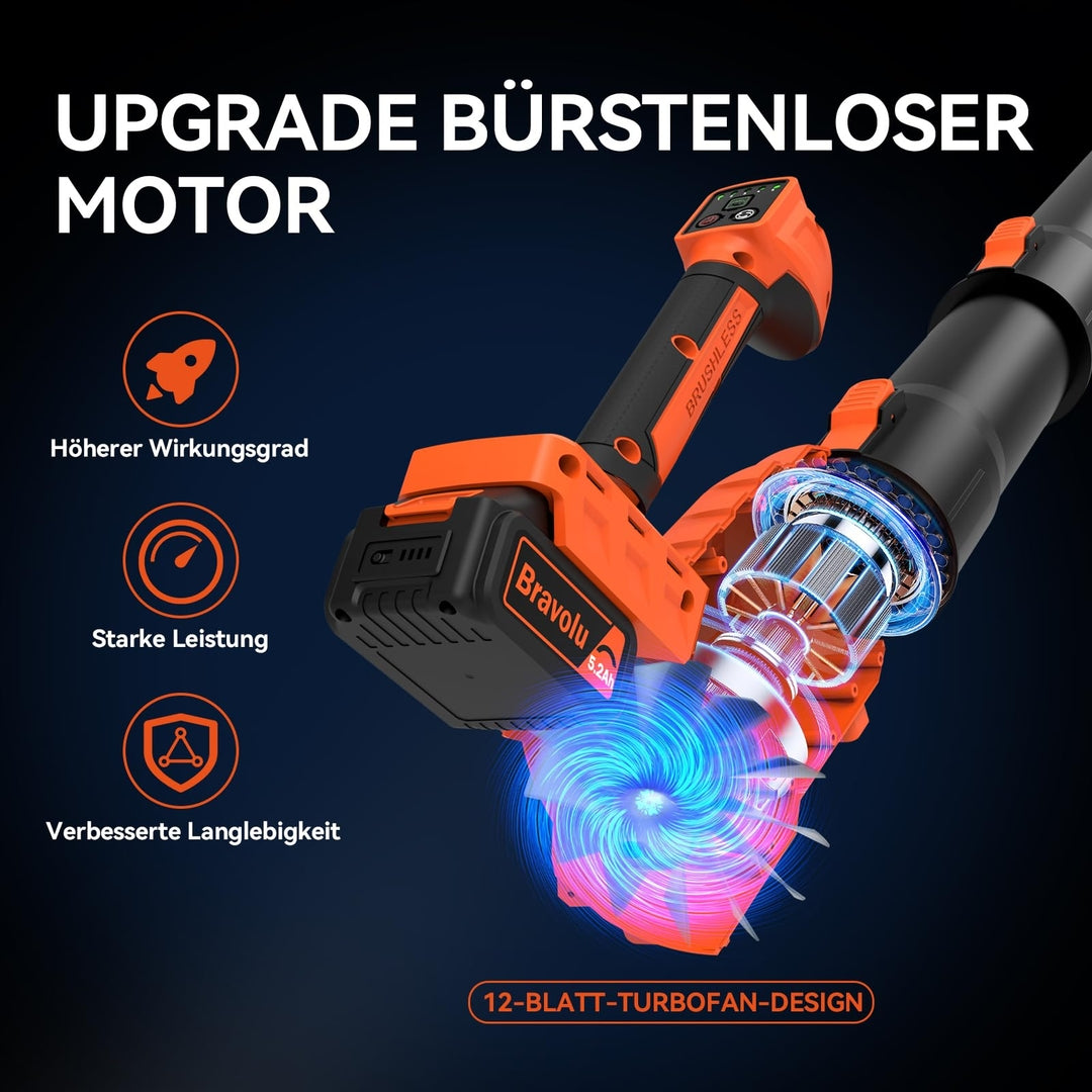 BRAVOLU baterijski pihalnik listja – 2× baterija 5200 mAh, 5 hitrosti + TURBO način 350km/h