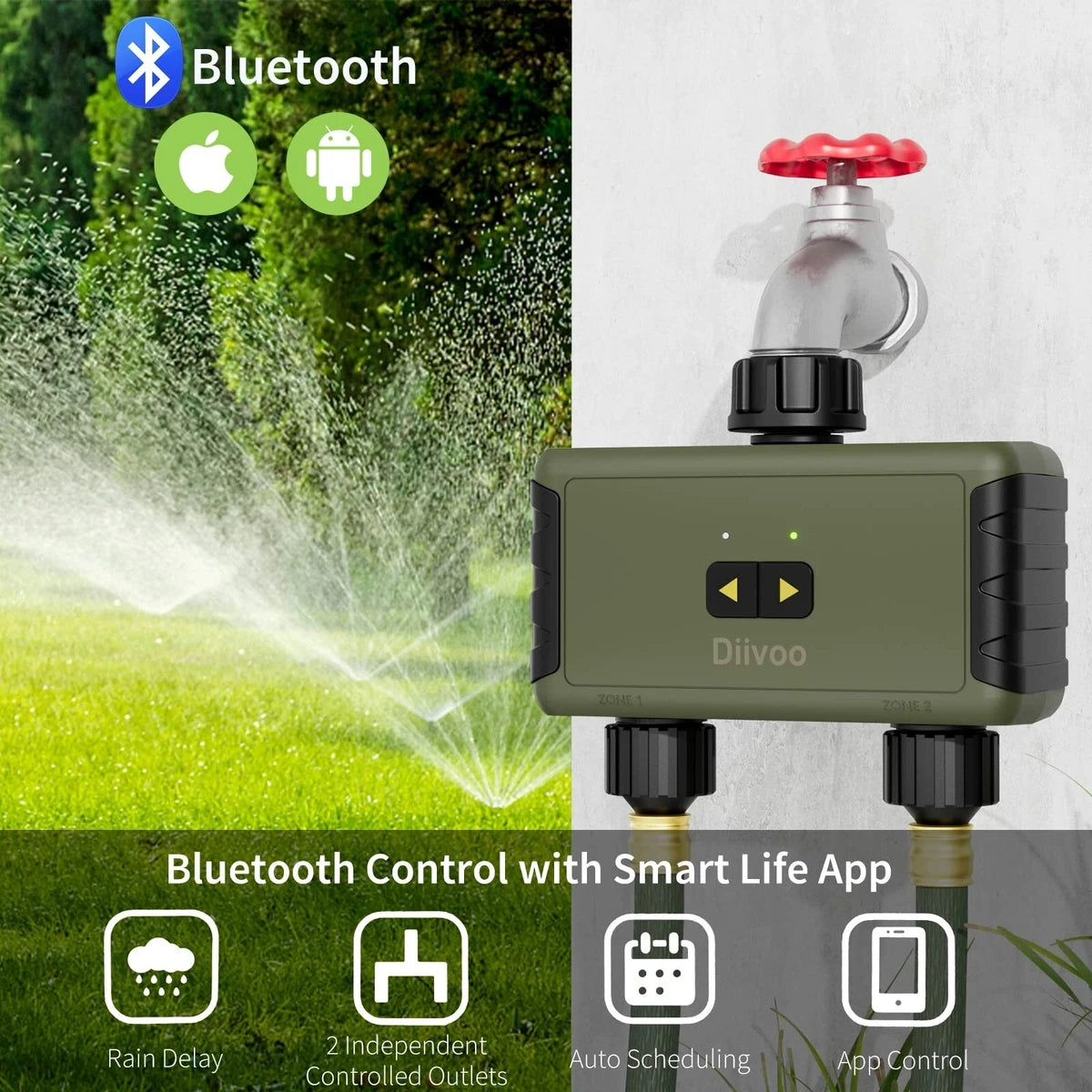 Bluetooth avtomatski zalivalnik Diivoo - 2 izhoda znamke Naklikaj.si je prikazan z digitalnim zaslonom pred pametnim telefonom z aplikacijo za nadzor. Pod njim so različni konektorji in nastavki za avtomatsko zalivanje.