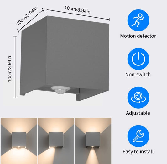 💡 Komplet 2x KLIGHTEN zunanja LED stenska svetilka 12W s senzorjem gibanja – siva, nastavljiv kot snopa, IP65, 3000K, aluminij - naklikaj.si