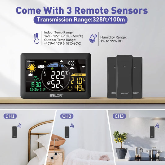 The BALDR pametna Wi-Fi vremenska postaja s 3 zunanjimi senzorji (Naklikaj.si) prikazuje notranjo in zunanjo temperaturo, vlago, simbole napovedi ter uro. Ob njej so trije brezžični senzorji in pametni telefon z vremensko aplikacijo.