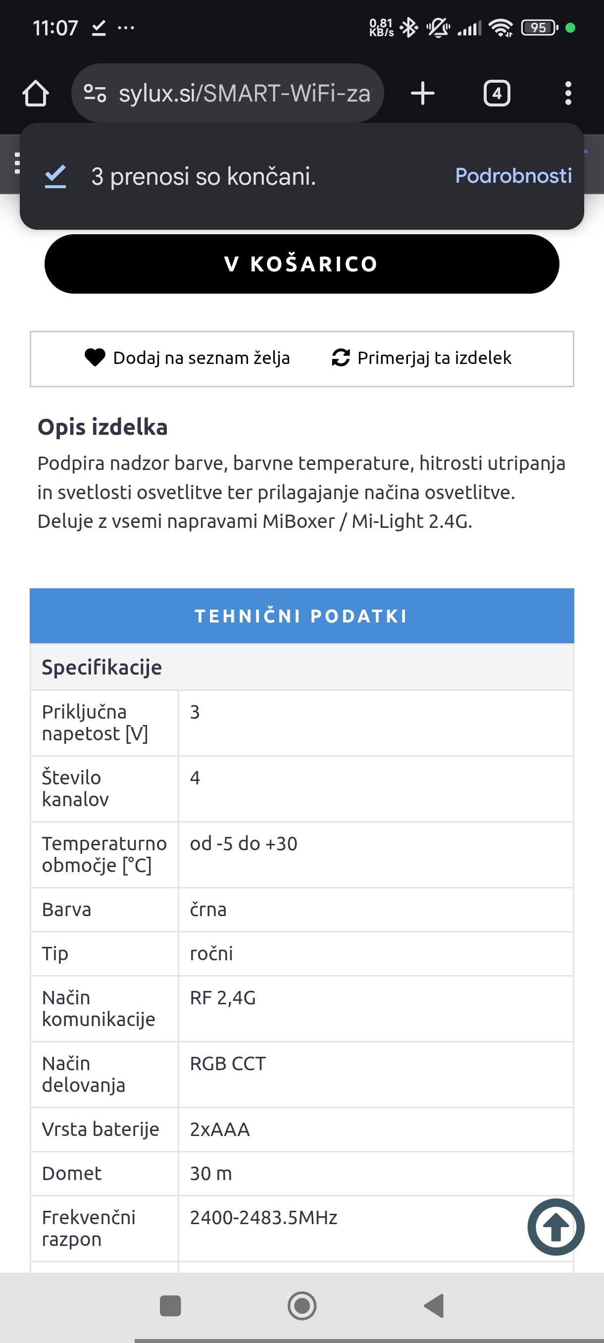 MiBoxer RGB CCT daljinski upravljalnik C5 – 4 cone