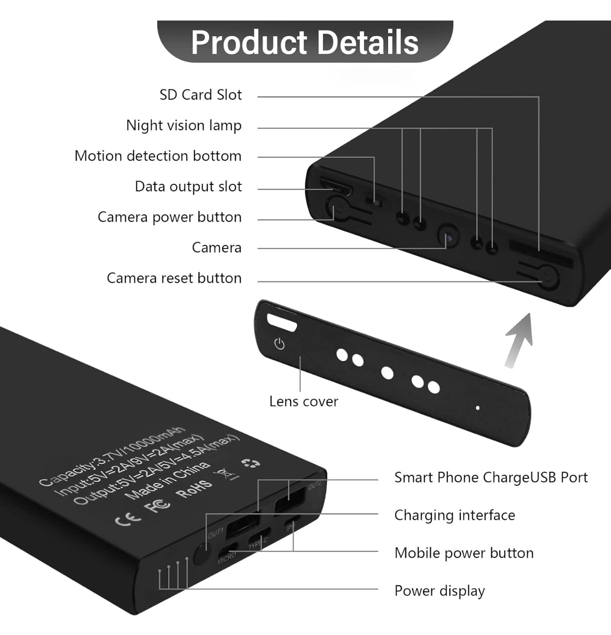 📷 Powerbank z vgrajeno skrito kamero – Full HD 1080P, nočni vid, 10000 mAh