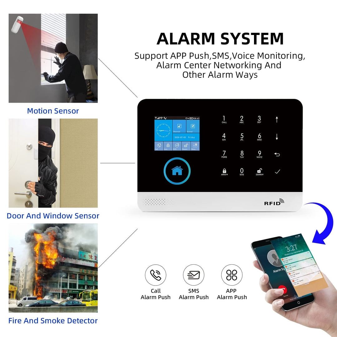 Naklikaj.si PGST pametni brezžiÄni alarmni sistem Wi-Fi + GSM (RFID, aplikacija Tuya) vkljuÄuje ploÅ”Äo z zaslonom na dotik, 2 Ärna kljuÄa, 2 daljinca, 3 senzorje gibanja, 6 senzorjev vrat/oken, gumb SOS, sireno, napajalnik in baterijo LiOn.