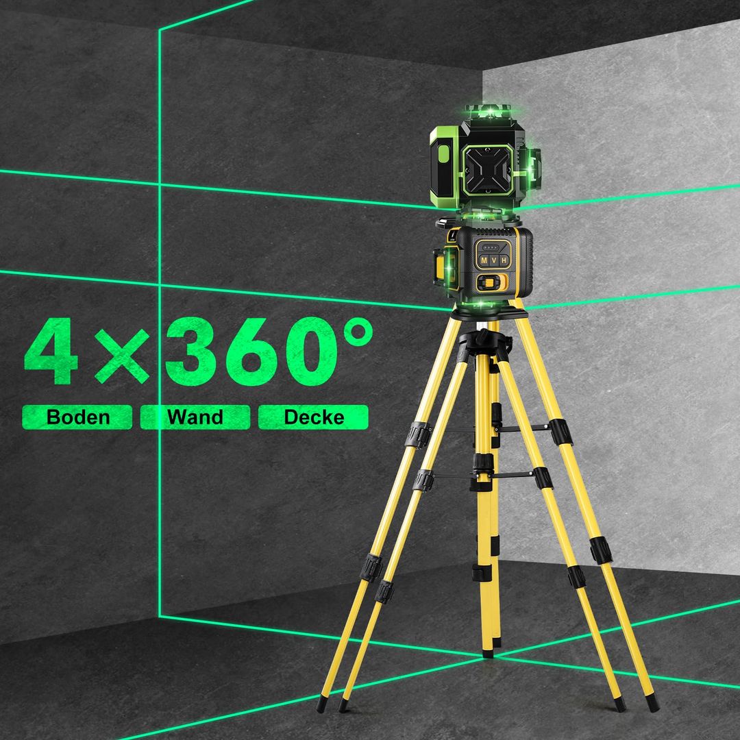 Gradbeni laser 4x360° z zelenim žarkom, aplikacija, daljinec, 2x baterija, stojalo