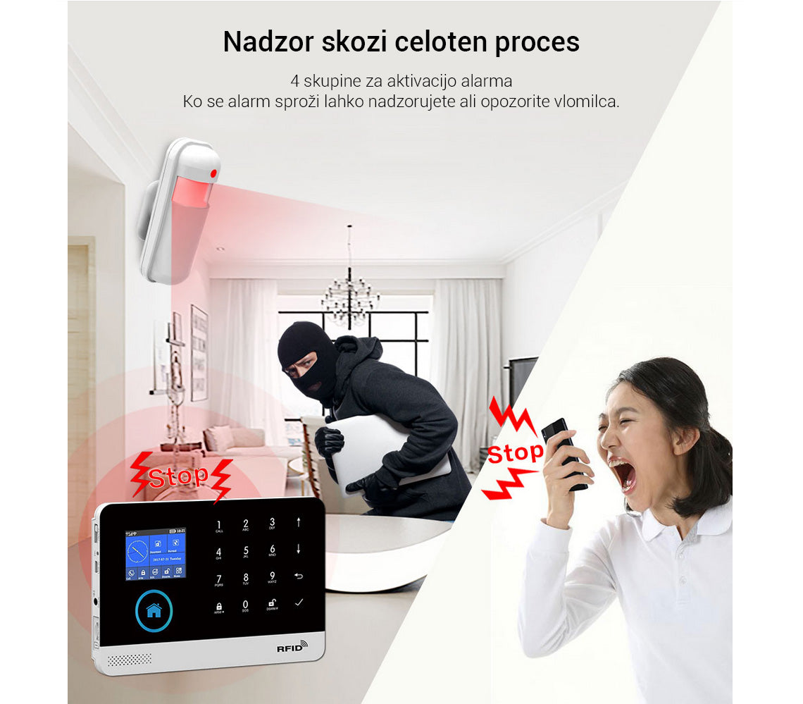 Naklikaj.si PGST pametni brezžiÄni alarmni sistem Wi-Fi + GSM (RFID, aplikacija Tuya) vkljuÄuje ploÅ”Äo z zaslonom na dotik, 2 Ärna kljuÄa, 2 daljinca, 3 senzorje gibanja, 6 senzorjev vrat/oken, gumb SOS, sireno, napajalnik in baterijo LiOn.