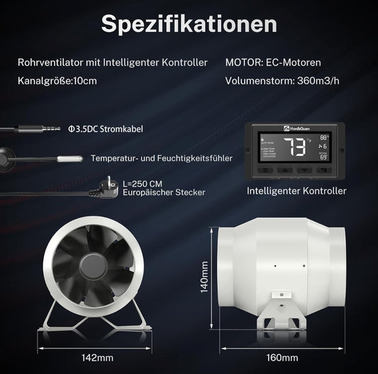 Hon&Guan HI-100PE EC cevni ventilator z inteligentnim krmilnikom (360 m³/h, 100 mm, 28 dB)