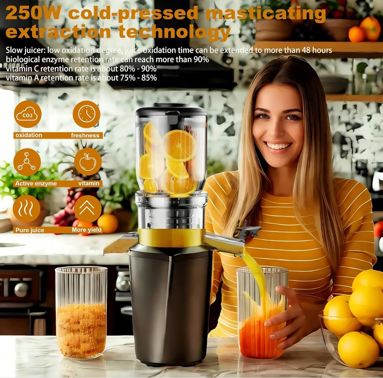🍊 Počasni sokovnik Fyenkfar 250W – hladno stiskanje sadja in zelenjave (črn,siv)