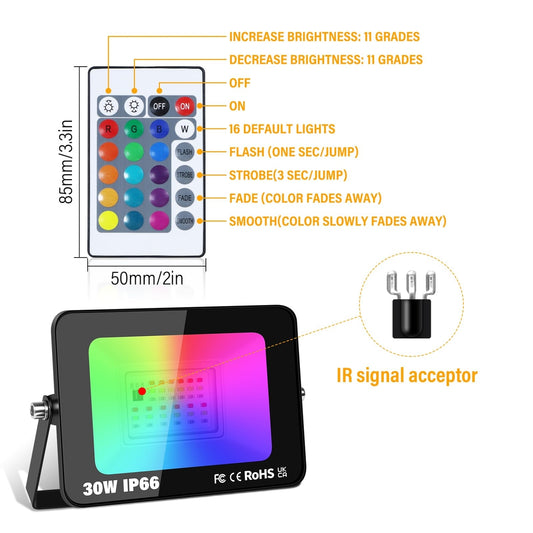 2x RIGIDON RGB LED reflektor 30W z daljincem – 16 barv, 4 svetlobni načini, IP66