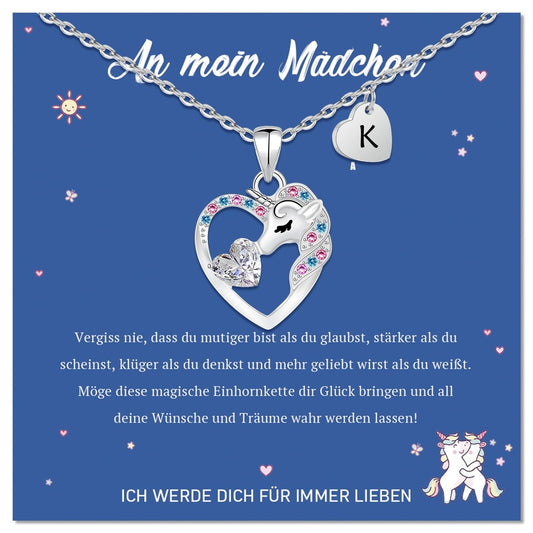 🦄 Ogrlica samorog v srcu s črko K, jeklo z 14K belo prevleko, cirkonij - naklikaj.si