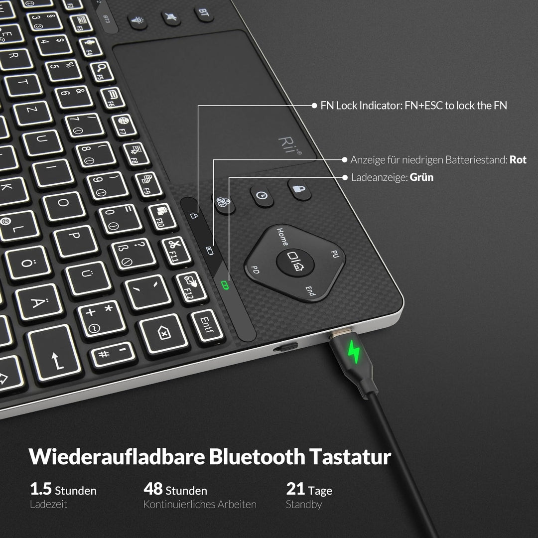 Rii brezžična Bluetooth tipkovnica s touchpad in RGB osvetlitvijo