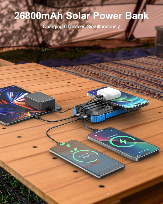 Solarna prenosna baterija 26800 mAh z lučjo ter integriranimi kabli - naklikaj.si