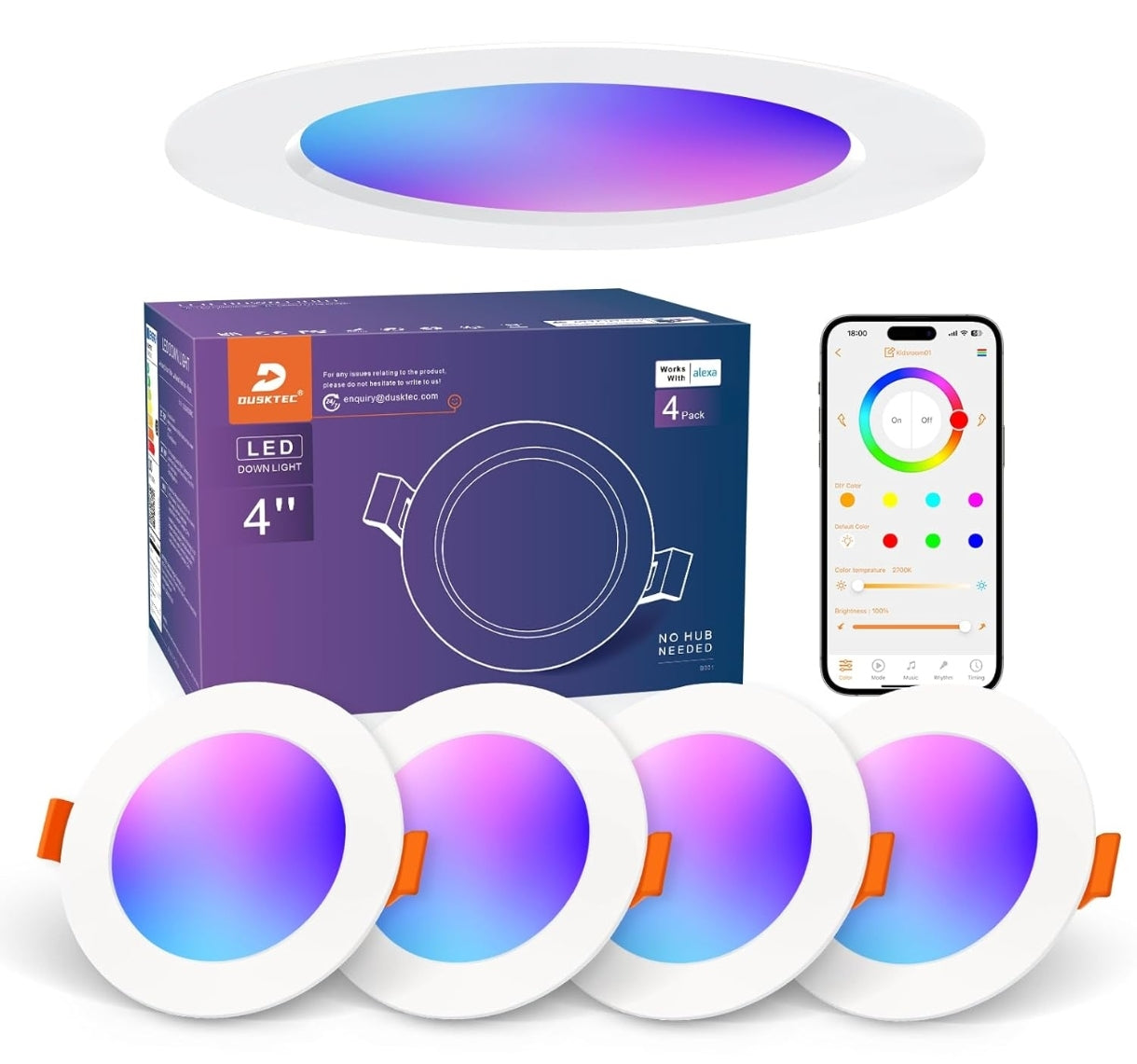 💡4x Dusktec RGB+CCT+Alexa LED smart recessed light 10W (122mm) – white