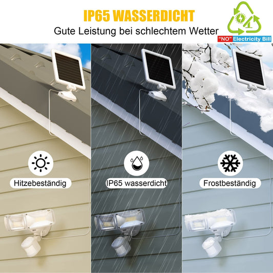 ZOFO solarni LED reflektor s senzorjem gibanja proizvajalca Naklikaj.si ponuja 2300LM svetilnosti, vodoodpornost IP65 in svetlobo 5000K. S tremi nastavljivimi paneli in ločenim solarnim panelom zagotavlja zanesljivo zunanjo varnostno osvetlitev.