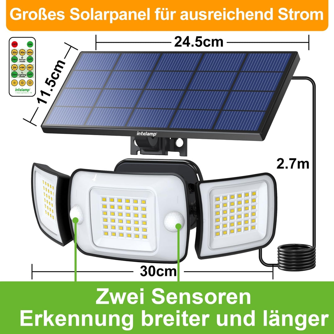 🌞Solarni LED reflektor INTELAMP z 2 senzorjema gibanja in daljinskim upravljanjem , 1200lm , 6000mah , bela svetloba
