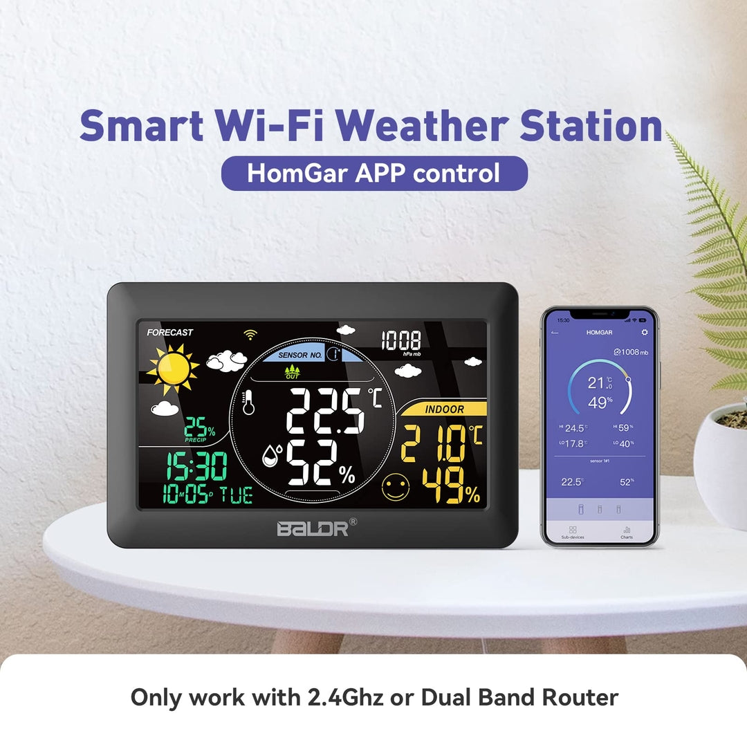 The BALDR pametna Wi-Fi vremenska postaja s 3 zunanjimi senzorji (Naklikaj.si) prikazuje notranjo in zunanjo temperaturo, vlago, simbole napovedi ter uro. Ob njej so trije brezžični senzorji in pametni telefon z vremensko aplikacijo.