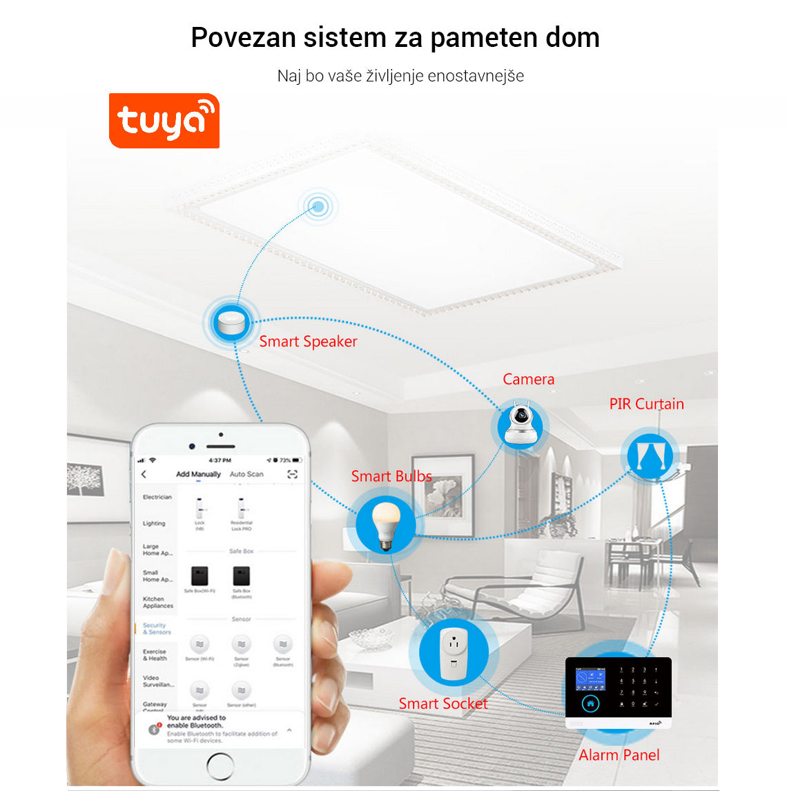 Naklikaj.si PGST Wi-Fi + GSM pametni brezžični alarmni sistem z RFID, kamero in Tuya aplikacijo vključuje touchscreen nadzorno ploščo, varnostno kamero, senzorje gibanja in vrat, daljince, SOS gumbe ter glasno sireno v elegantnih belih barvah.