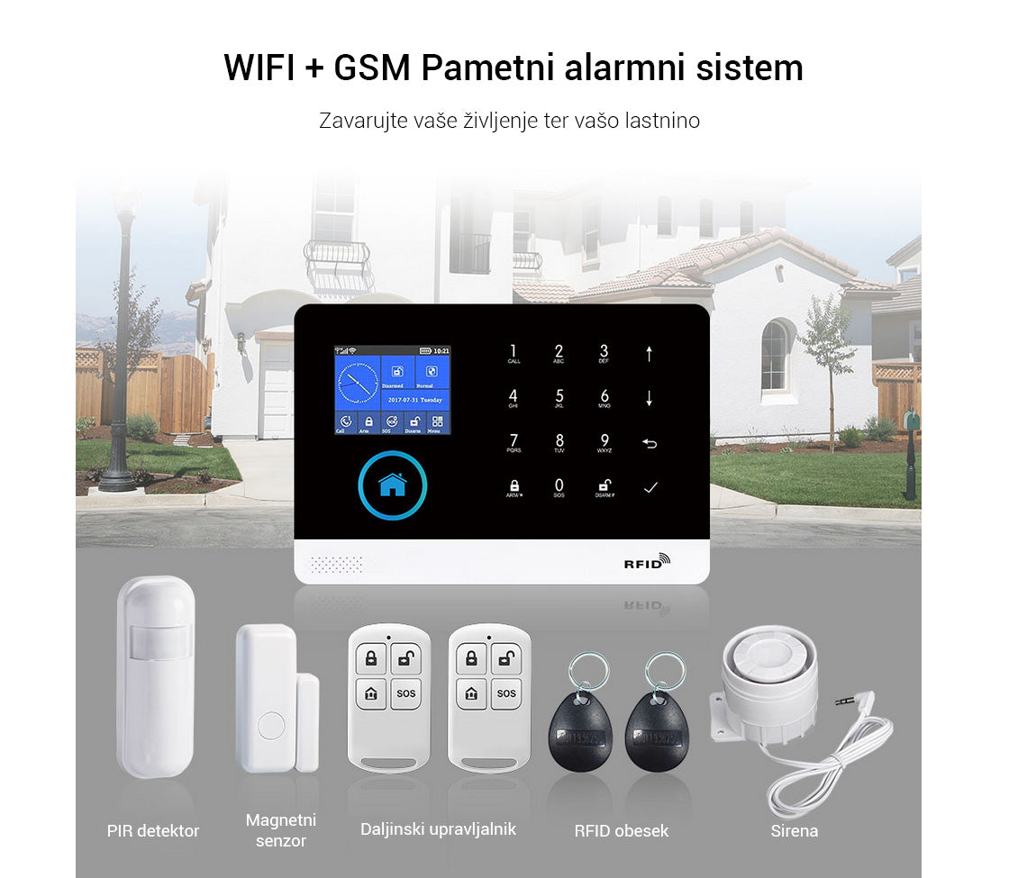 Naklikaj.si PGST pametni brezžiÄni alarmni sistem Wi-Fi + GSM (RFID, aplikacija Tuya) vkljuÄuje ploÅ”Äo z zaslonom na dotik, 2 Ärna kljuÄa, 2 daljinca, 3 senzorje gibanja, 6 senzorjev vrat/oken, gumb SOS, sireno, napajalnik in baterijo LiOn.