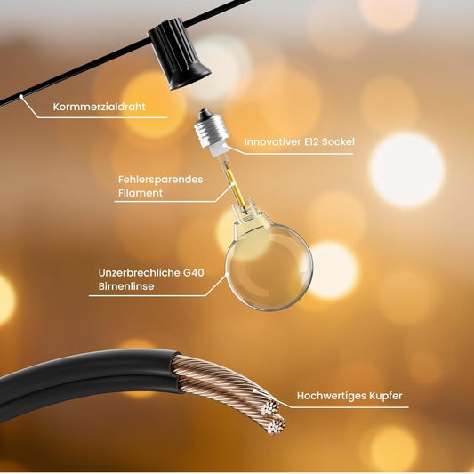 💡 Yuucio solarne verižne luči 15 m – 25+1 LED G40 žarnice, toplo bela 2700K - naklikaj.si