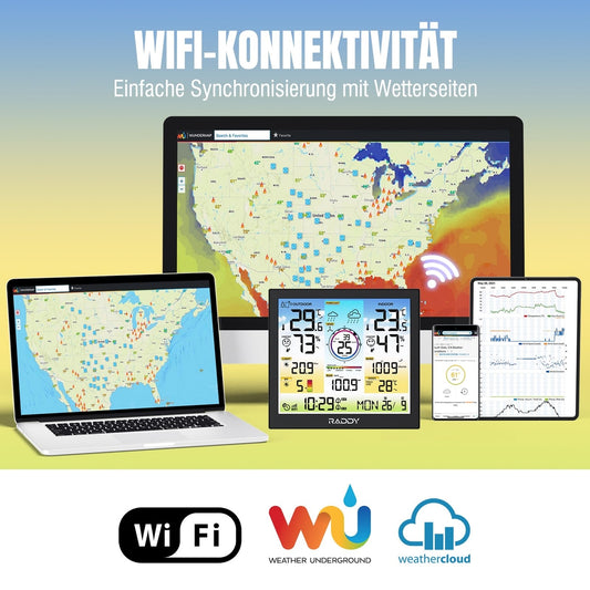 Raddy WF-120C WiFi vremenska postaja – 10" barvni zaslon, zunanji 7-v-1 senzor, garancija