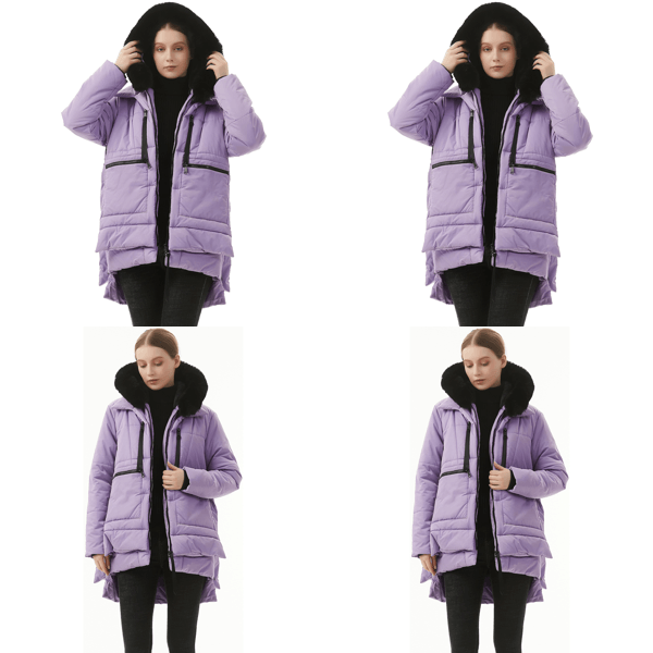 Ženska zimska puhasta jakna – dolga, modna bunda z umetnim krznom (vijolična L)