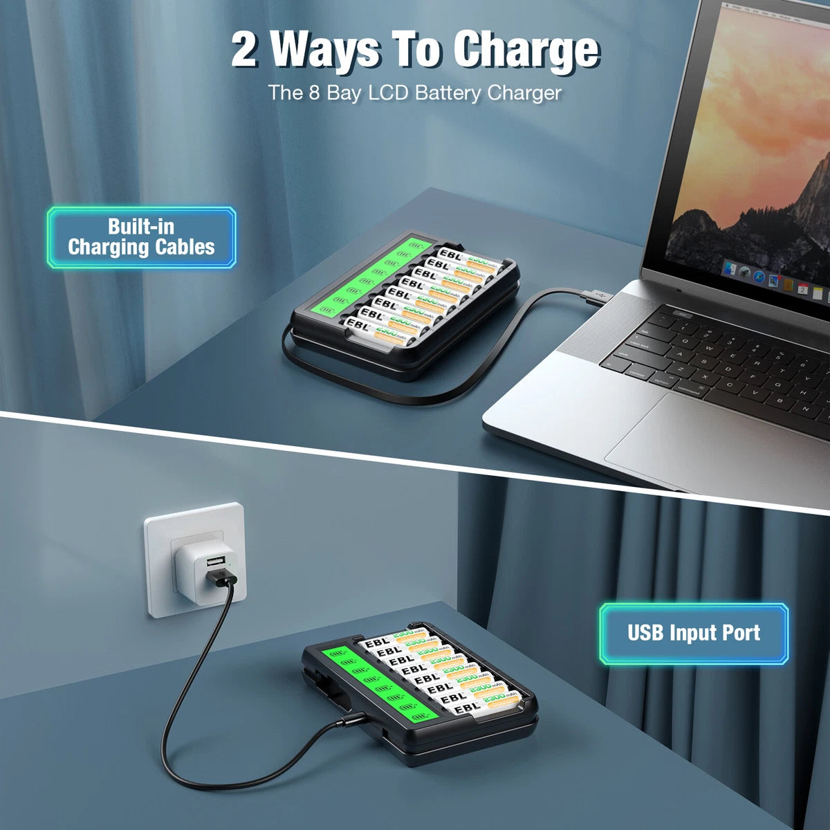 🔋 Pametni polnilec EBL + 8×3000mah baterije – LCD zaslon, USB napajanje
