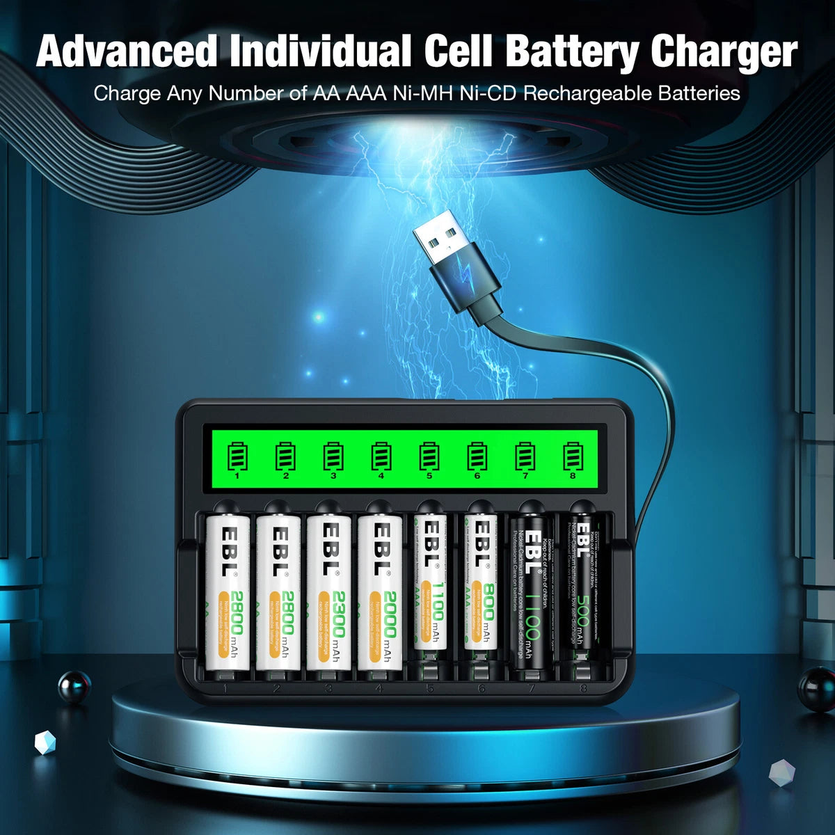 🔋 Pametni polnilec EBL + 8×3000mah baterije – LCD zaslon, USB napajanje