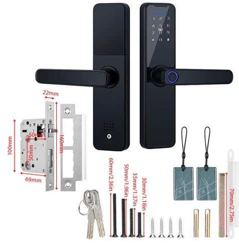 Dve črni ključavnici Pametna ključavnica Splenssy proizvajalca Naklikaj.si, vsaka z ročaji, čitalnikom prstnih odtisov, tipkovnico PIN z modro osvetljenim gumbom, dvema ključema in dvema ključavnicama RFID; združljiva z aplikacijo Tuya za varnost pametnega doma.