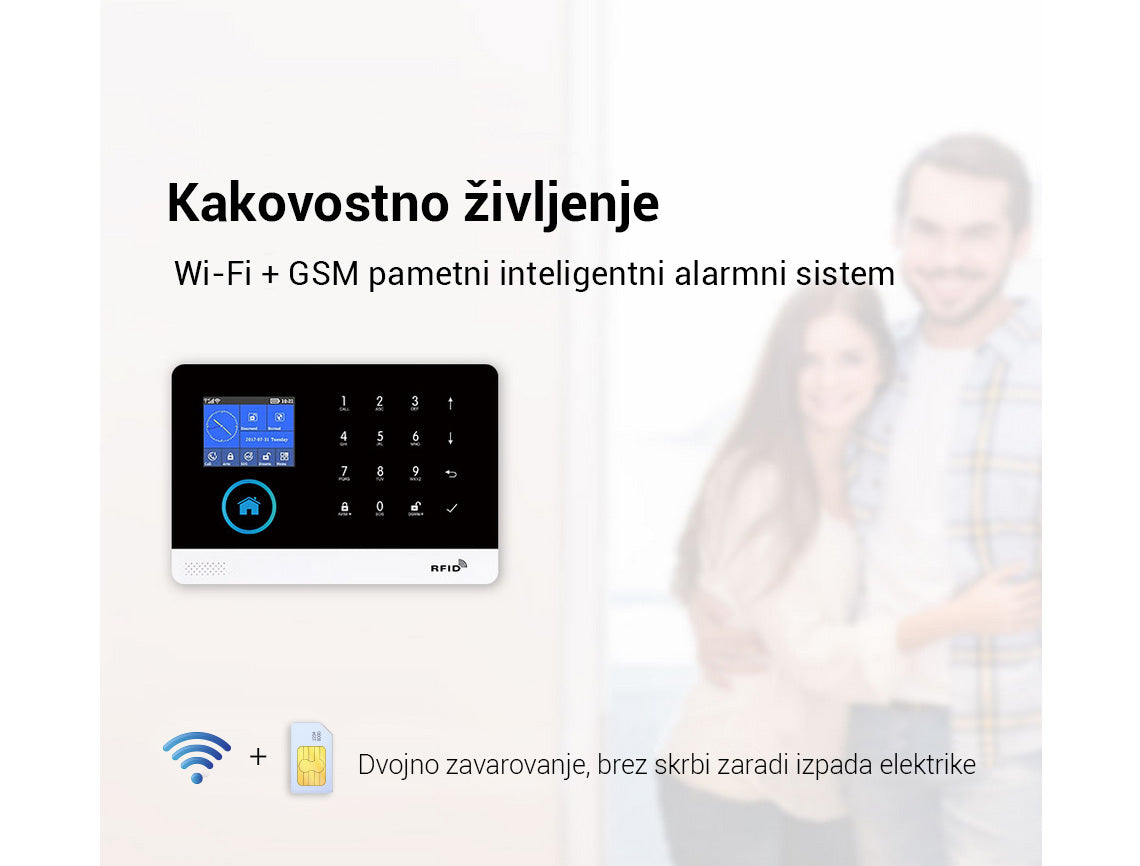 Naklikaj.si PGST pametni brezžiÄni alarmni sistem Wi-Fi + GSM (RFID, aplikacija Tuya) vkljuÄuje ploÅ”Äo z zaslonom na dotik, 2 Ärna kljuÄa, 2 daljinca, 3 senzorje gibanja, 6 senzorjev vrat/oken, gumb SOS, sireno, napajalnik in baterijo LiOn.