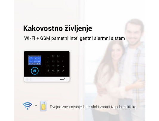 Naklikaj.si PGST pametni brezžični alarmni sistem Wi-Fi + GSM (RFID, aplikacija Tuya) vključuje ploščo z zaslonom na dotik, 2 črna ključa, 2 daljinca, 3 senzorje gibanja, 6 senzorjev vrat/oken, gumb SOS, sireno, napajalnik in baterijo LiOn.
