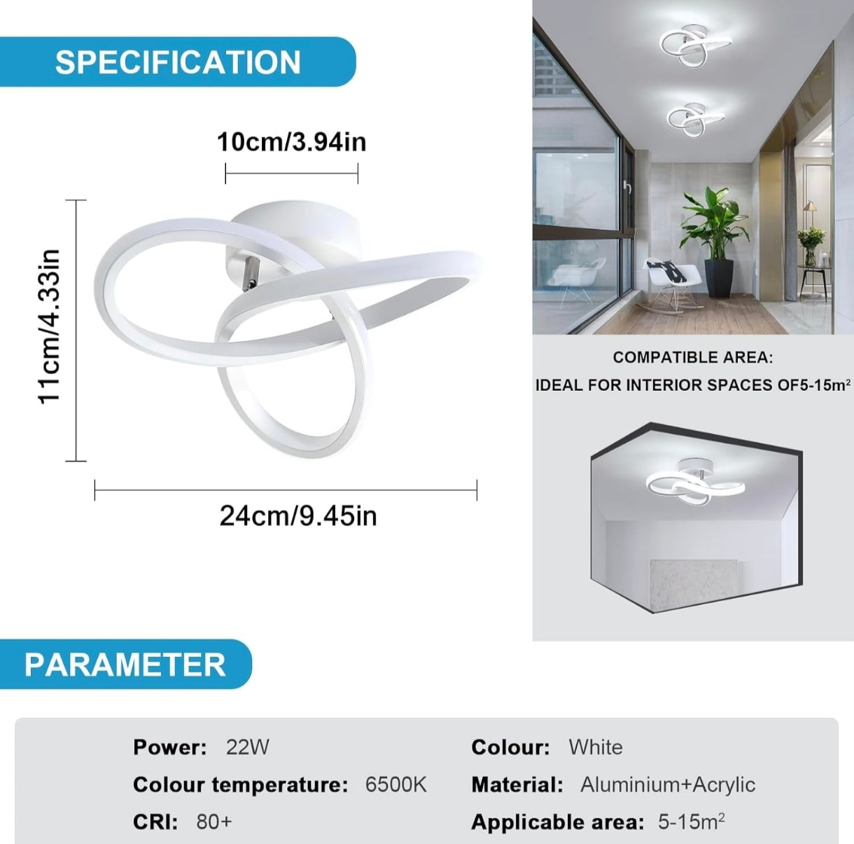 💡Moderna LED stropna svetilka, 22W, 2400lm, 6500K, bela
