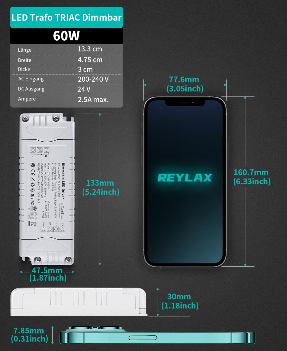 ⚡ REYLAX LED napajalnik 24V, 60W, IP20 – zatemnilni (dimmable)